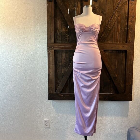 NWT Satin Dress Spaghetti Strap Backless Ruched Bodycon Split Maxi Elegant Dress - Picture 2 of 13